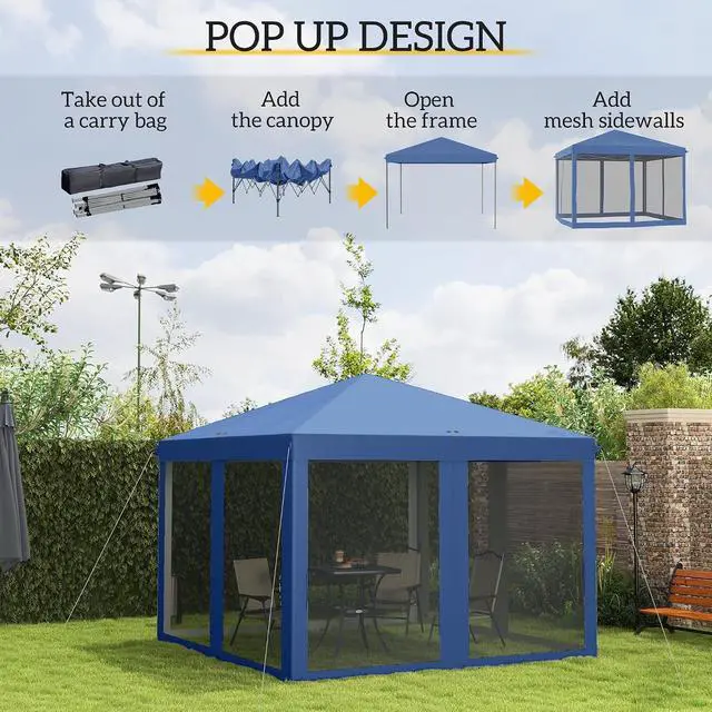 Alt view image 3 of 7 - 10' x 10' Pop Up Canopy Tent with Netting Carry Bag Blue | Instant Gazebo, Screen House Room, Height Adjustable, Outdoor, Garden, Patio, Camping