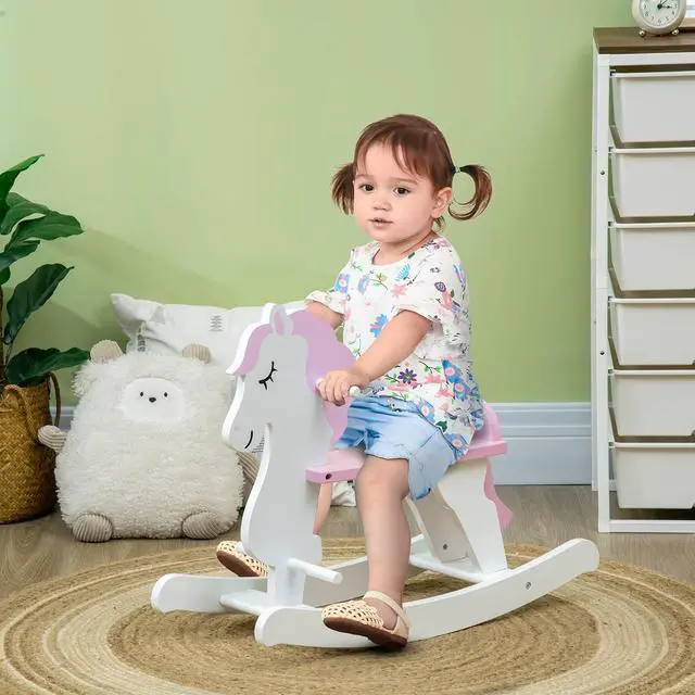 Alt view image 2 of 7 - Qaba Wooden Rocking Horse for Toddlers 1-3 Kids Ride on Horse Pink & White | Baby Rocking Chair, for Boys and Girls