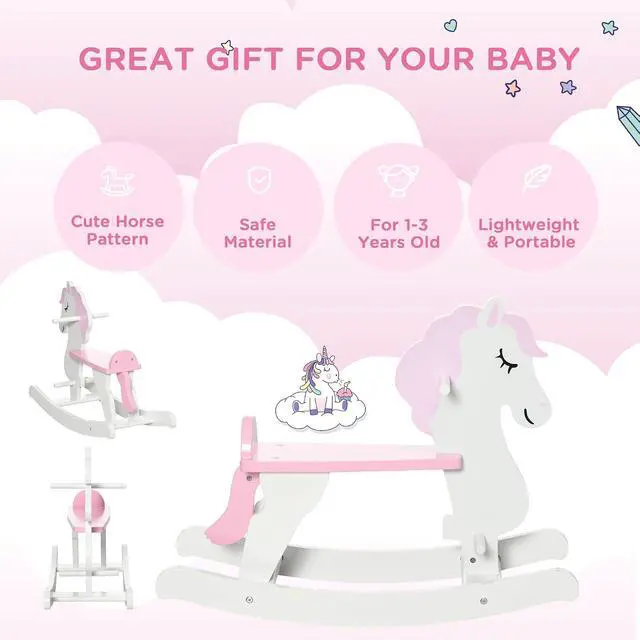 Alt view image 3 of 7 - Qaba Wooden Rocking Horse for Toddlers 1-3 Kids Ride on Horse Pink & White | Baby Rocking Chair, for Boys and Girls