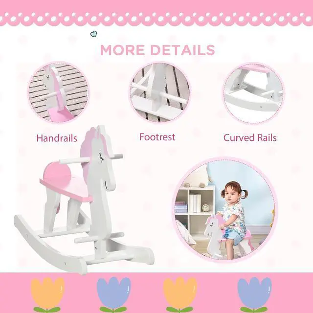 Alt view image 5 of 7 - Qaba Wooden Rocking Horse for Toddlers 1-3 Kids Ride on Horse Pink & White | Baby Rocking Chair, for Boys and Girls