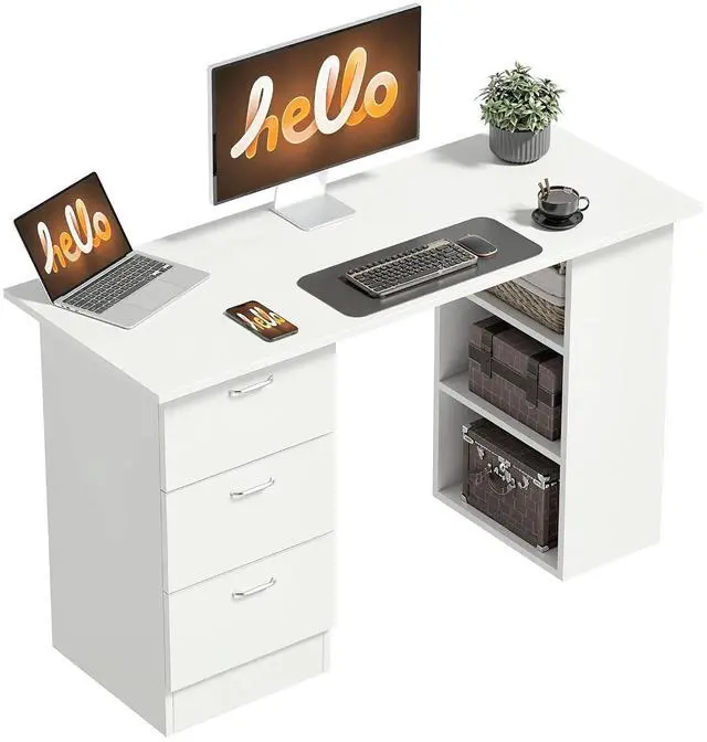 Main image of Computer Desk with Drawers, 47" Home Office Desk with Storage, White | 3-Tier Shelves, 3 Reversible Drawers, Study Table, for Bedroom