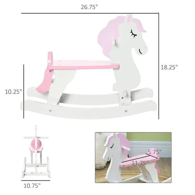 Alt view image 7 of 7 - Qaba Wooden Rocking Horse for Toddlers 1-3 Kids Ride on Horse Pink & White | Baby Rocking Chair, for Boys and Girls