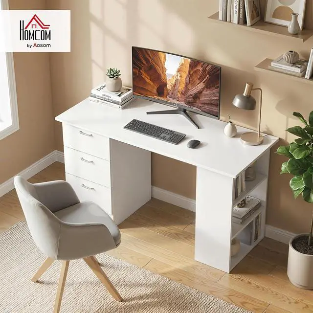 Alt view image 2 of 7 - Computer Desk with Drawers, 47" Home Office Desk with Storage, White | 3-Tier Shelves, 3 Reversible Drawers, Study Table, for Bedroom
