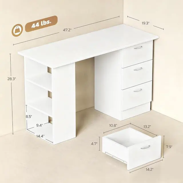 Alt view image 3 of 7 - Computer Desk with Drawers, 47" Home Office Desk with Storage, White | 3-Tier Shelves, 3 Reversible Drawers, Study Table, for Bedroom
