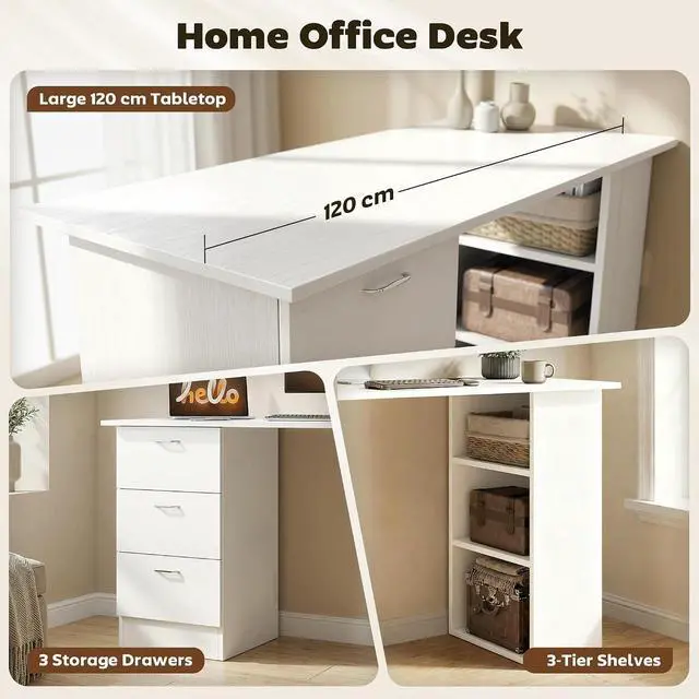 Alt view image 4 of 7 - Computer Desk with Drawers, 47" Home Office Desk with Storage, White | 3-Tier Shelves, 3 Reversible Drawers, Study Table, for Bedroom