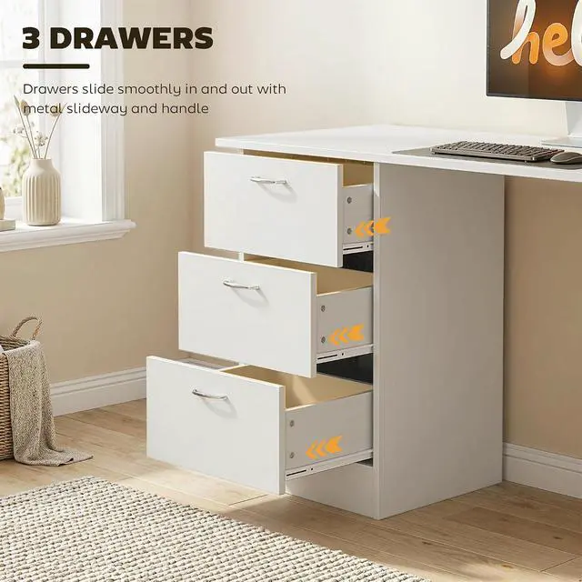 Alt view image 5 of 7 - Computer Desk with Drawers, 47" Home Office Desk with Storage, White | 3-Tier Shelves, 3 Reversible Drawers, Study Table, for Bedroom