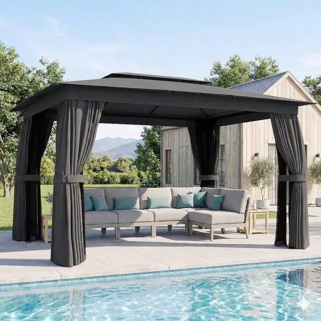 Main image of 10' x 12' Outdoor Patio Gazebo with Double Roof, Dark Gray | Heavy Duty Gazebo Canopy Shelter, Curtains, Netting, Steel Frame, UPF30+ Protection, Ceiling Hooks, Lawn Backyard Deck