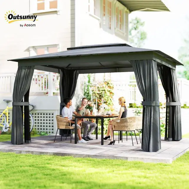 Alt view image 2 of 7 - 10' x 12' Outdoor Patio Gazebo with Double Roof, Dark Gray | Heavy Duty Gazebo Canopy Shelter, Curtains, Netting, Steel Frame, UPF30+ Protection, Ceiling Hooks, Lawn Backyard Deck