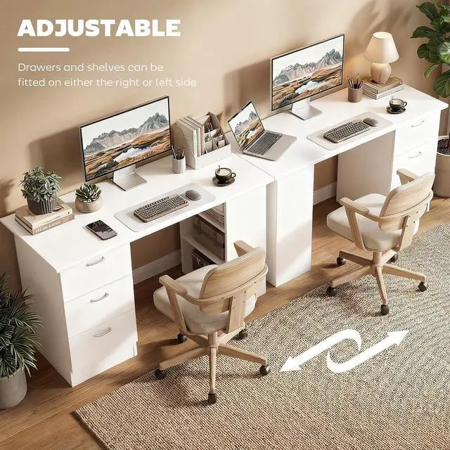Alt view image 6 of 7 - Computer Desk with Drawers, 47" Home Office Desk with Storage, White | 3-Tier Shelves, 3 Reversible Drawers, Study Table, for Bedroom