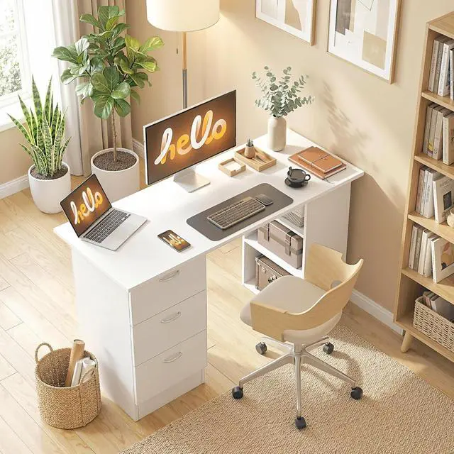Alt view image 7 of 7 - Computer Desk with Drawers, 47" Home Office Desk with Storage, White | 3-Tier Shelves, 3 Reversible Drawers, Study Table, for Bedroom