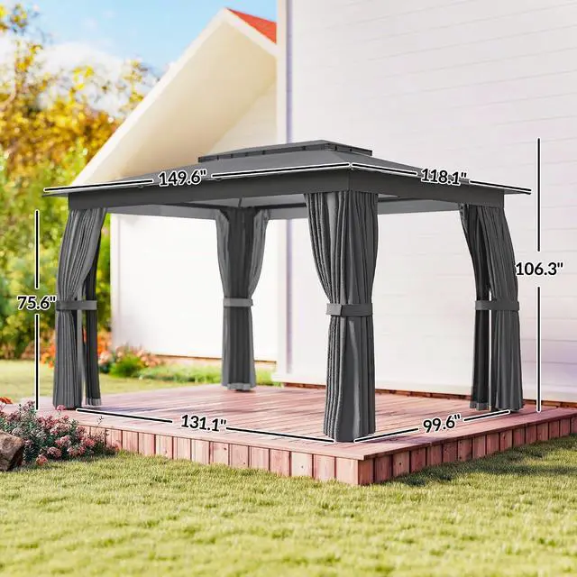 Alt view image 7 of 7 - 10' x 12' Outdoor Patio Gazebo with Double Roof, Dark Gray | Heavy Duty Gazebo Canopy Shelter, Curtains, Netting, Steel Frame, UPF30+ Protection, Ceiling Hooks, Lawn Backyard Deck