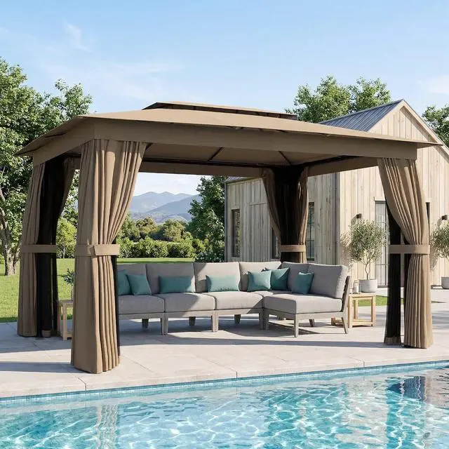 Main image of 10' x 12' Outdoor Patio Gazebo with Double Roof, Khaki | Heavy Duty Gazebo Canopy Shelter, Curtains, Netting, Steel Frame, UPF30+ Protection, Ceiling Hooks, Lawn Backyard Deck
