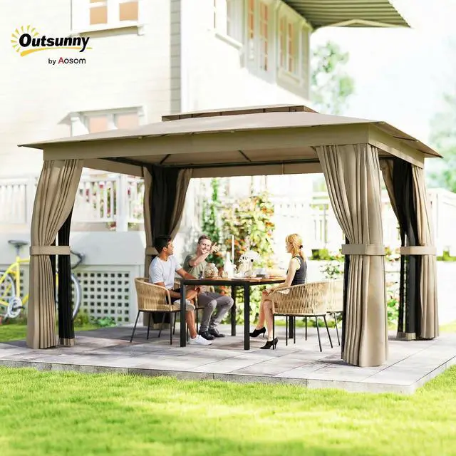 Alt view image 2 of 7 - 10' x 12' Outdoor Patio Gazebo with Double Roof, Khaki | Heavy Duty Gazebo Canopy Shelter, Curtains, Netting, Steel Frame, UPF30+ Protection, Ceiling Hooks, Lawn Backyard Deck