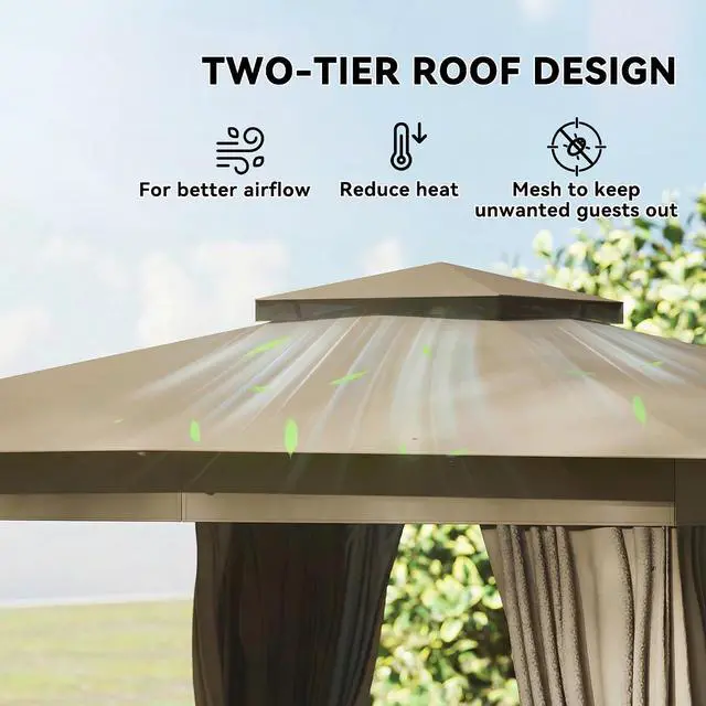 Alt view image 3 of 7 - 10' x 12' Outdoor Patio Gazebo with Double Roof, Khaki | Heavy Duty Gazebo Canopy Shelter, Curtains, Netting, Steel Frame, UPF30+ Protection, Ceiling Hooks, Lawn Backyard Deck