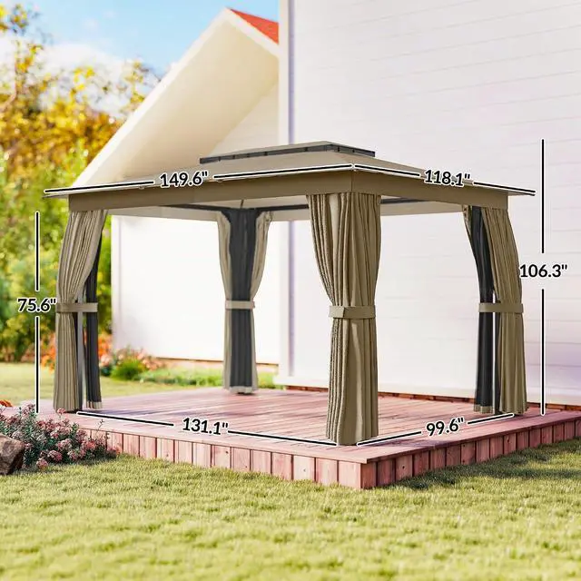 Alt view image 7 of 7 - 10' x 12' Outdoor Patio Gazebo with Double Roof, Khaki | Heavy Duty Gazebo Canopy Shelter, Curtains, Netting, Steel Frame, UPF30+ Protection, Ceiling Hooks, Lawn Backyard Deck