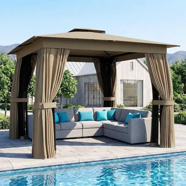 Main image of 10' x 10' Outdoor Patio Gazebo with Double Roof, Khaki | Heavy Duty Gazebo Canopy Shelter, Curtains, Netting, Steel Frame, UPF30+ Protection, Ceiling Hook, Lawn Backyard Deck