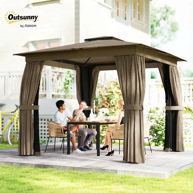 Alt view image 2 of 7 - 10' x 10' Outdoor Patio Gazebo with Double Roof, Khaki | Heavy Duty Gazebo Canopy Shelter, Curtains, Netting, Steel Frame, UPF30+ Protection, Ceiling Hook, Lawn Backyard Deck