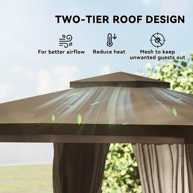 Alt view image 3 of 7 - 10' x 10' Outdoor Patio Gazebo with Double Roof, Khaki | Heavy Duty Gazebo Canopy Shelter, Curtains, Netting, Steel Frame, UPF30+ Protection, Ceiling Hook, Lawn Backyard Deck