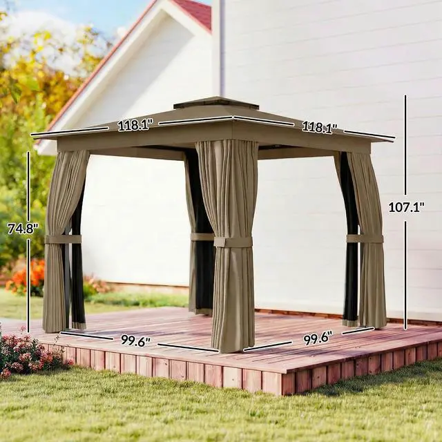Alt view image 7 of 7 - 10' x 10' Outdoor Patio Gazebo with Double Roof, Khaki | Heavy Duty Gazebo Canopy Shelter, Curtains, Netting, Steel Frame, UPF30+ Protection, Ceiling Hook, Lawn Backyard Deck