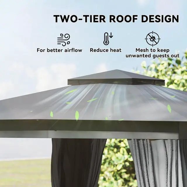 Alt view image 3 of 7 - 10' x 12' Outdoor Patio Gazebo with Double Roof, Dark Gray | Heavy Duty Gazebo Canopy Shelter, Curtains, Netting, Steel Frame, UPF30+ Protection, Ceiling Hooks, Lawn Backyard Deck
