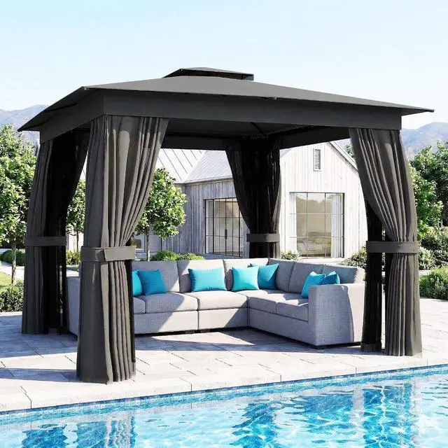 Main image of 10' x 10' Outdoor Patio Gazebo with Double Roof, Dark Gray | Heavy Duty Gazebo Canopy Shelter, Curtains, Netting, Steel Frame, UPF30+ Protection, Ceiling Hooks, Lawn Backyard Deck
