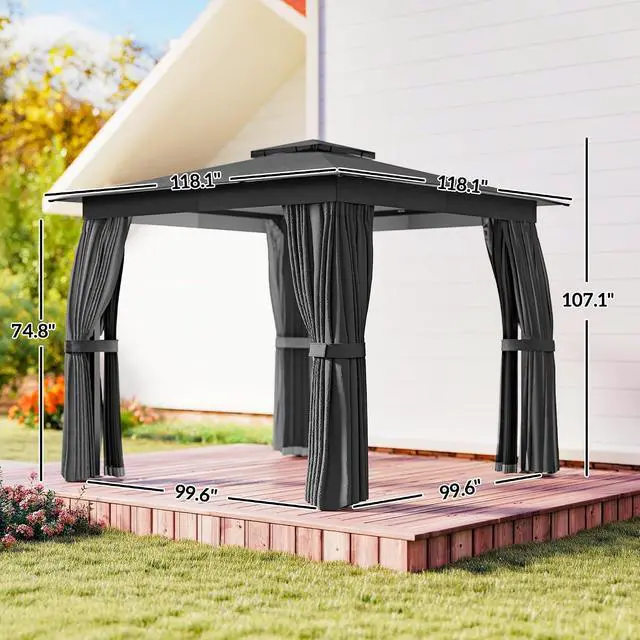 Alt view image 7 of 7 - 10' x 10' Outdoor Patio Gazebo with Double Roof, Dark Gray | Heavy Duty Gazebo Canopy Shelter, Curtains, Netting, Steel Frame, UPF30+ Protection, Ceiling Hooks, Lawn Backyard Deck