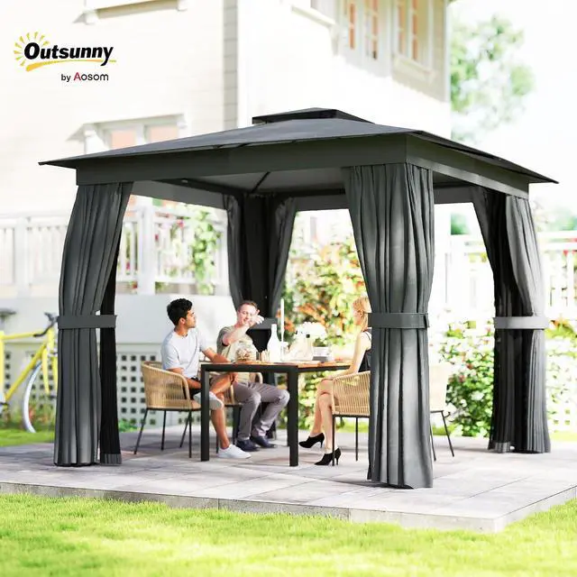 Alt view image 2 of 7 - 10' x 10' Outdoor Patio Gazebo with Double Roof, Dark Gray | Heavy Duty Gazebo Canopy Shelter, Curtains, Netting, Steel Frame, UPF30+ Protection, Ceiling Hooks, Lawn Backyard Deck