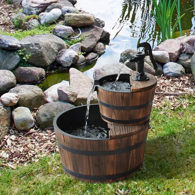 Alt view image 2 of 7 - Wood Freestanding Fountain, Outdoor Water 2 Tier Waterfall Barrel | Electric Pump, Garden Decor, Lawn, Backyard