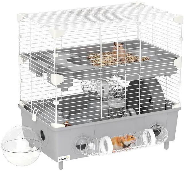 Main image of PawHut 2-Tier Hamster Cage with Running Wheel Tubes 17.5" x 11" x 17" Gray | Small Animal Cage, Sand Bathroom, Water Bottle, Hamster Habitat with Accessories