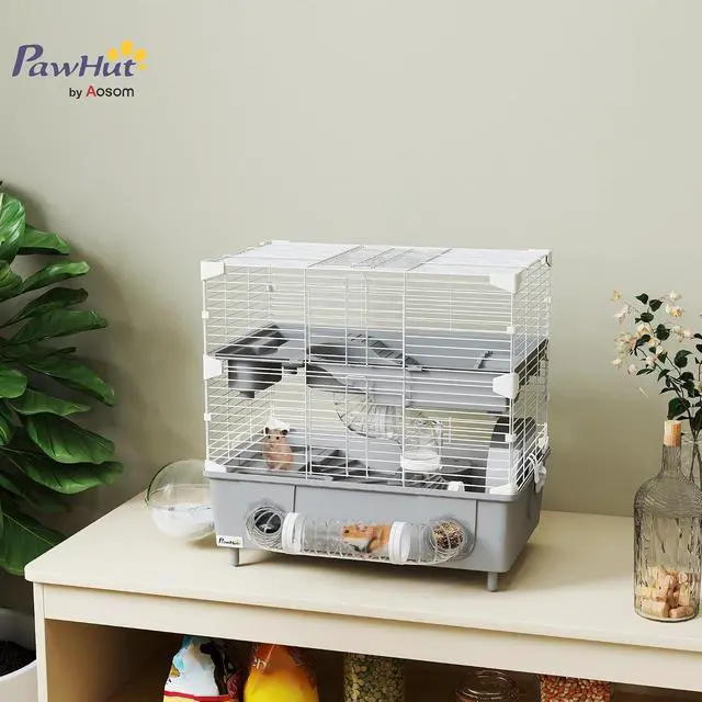 Alt view image 2 of 7 - PawHut 2-Tier Hamster Cage with Running Wheel Tubes 17.5" x 11" x 17" Gray | Small Animal Cage, Sand Bathroom, Water Bottle, Hamster Habitat with Accessories