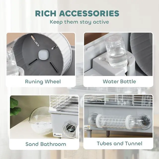 Alt view image 4 of 7 - PawHut 2-Tier Hamster Cage with Running Wheel Tubes 17.5" x 11" x 17" Gray | Small Animal Cage, Sand Bathroom, Water Bottle, Hamster Habitat with Accessories
