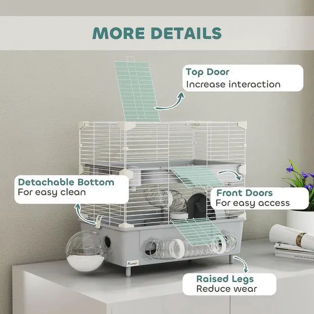 Alt view image 5 of 7 - PawHut 2-Tier Hamster Cage with Running Wheel Tubes 17.5" x 11" x 17" Gray | Small Animal Cage, Sand Bathroom, Water Bottle, Hamster Habitat with Accessories