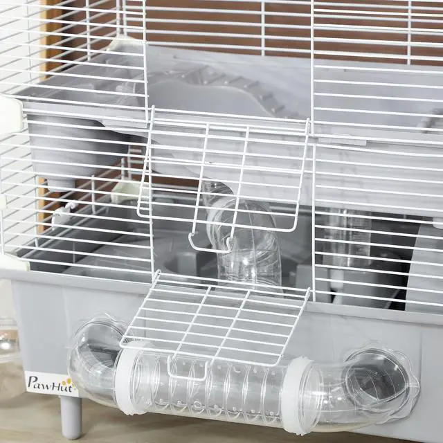 Alt view image 6 of 7 - PawHut 2-Tier Hamster Cage with Running Wheel Tubes 17.5" x 11" x 17" Gray | Small Animal Cage, Sand Bathroom, Water Bottle, Hamster Habitat with Accessories