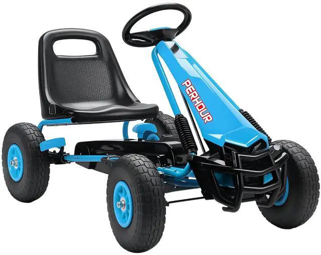Main image of Qaba Go Kart for Kids, 4 Wheel Pedal Go Cart with Adjustable Seat, Steering Wheel, EVA Wheels, Brake, Outdoor Racer Ride On Pedal Car for Boys & Girls Aged 3-8 Years Old, Blue