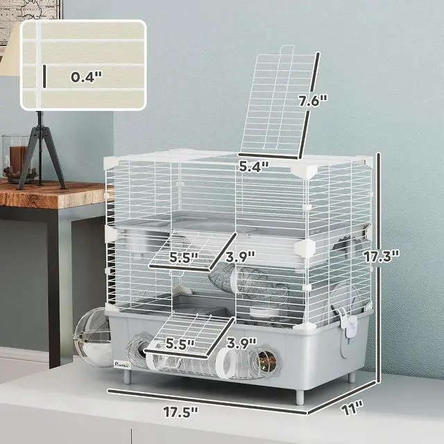 Alt view image 7 of 7 - PawHut 2-Tier Hamster Cage with Running Wheel Tubes 17.5" x 11" x 17" Gray | Small Animal Cage, Sand Bathroom, Water Bottle, Hamster Habitat with Accessories