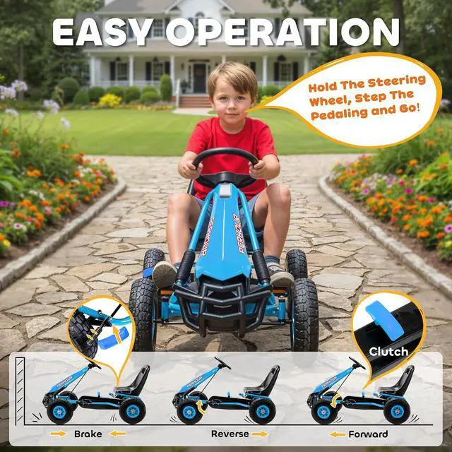 Alt view image 3 of 7 - Qaba Go Kart for Kids, 4 Wheel Pedal Go Cart with Adjustable Seat, Steering Wheel, EVA Wheels, Brake, Outdoor Racer Ride On Pedal Car for Boys & Girls Aged 3-8 Years Old, Blue