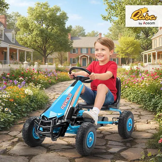 Alt view image 2 of 7 - Qaba Go Kart for Kids, 4 Wheel Pedal Go Cart with Adjustable Seat, Steering Wheel, EVA Wheels, Brake, Outdoor Racer Ride On Pedal Car for Boys & Girls Aged 3-8 Years Old, Blue