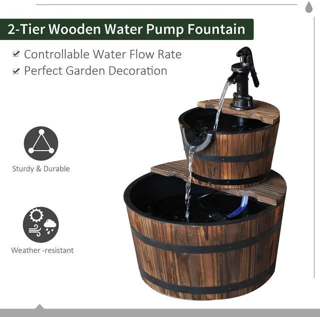 Alt view image 3 of 7 - Wood Freestanding Fountain, Outdoor Water 2 Tier Waterfall Barrel | Electric Pump, Garden Decor, Lawn, Backyard