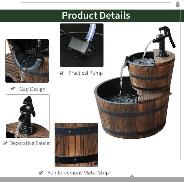 Alt view image 5 of 7 - Wood Freestanding Fountain, Outdoor Water 2 Tier Waterfall Barrel | Electric Pump, Garden Decor, Lawn, Backyard