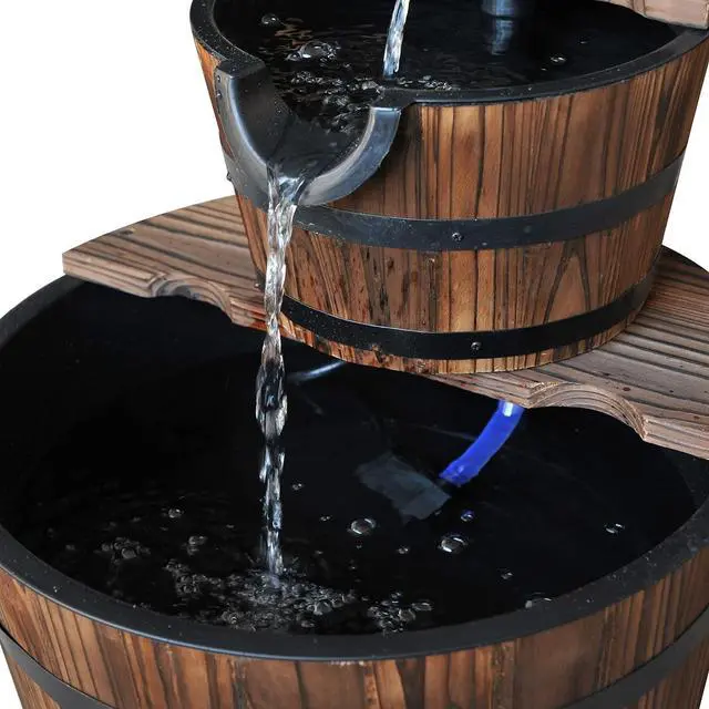 Alt view image 6 of 7 - Wood Freestanding Fountain, Outdoor Water 2 Tier Waterfall Barrel | Electric Pump, Garden Decor, Lawn, Backyard