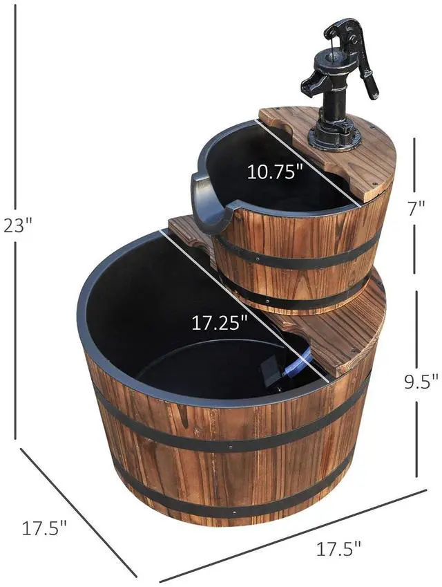 Alt view image 7 of 7 - Wood Freestanding Fountain, Outdoor Water 2 Tier Waterfall Barrel | Electric Pump, Garden Decor, Lawn, Backyard