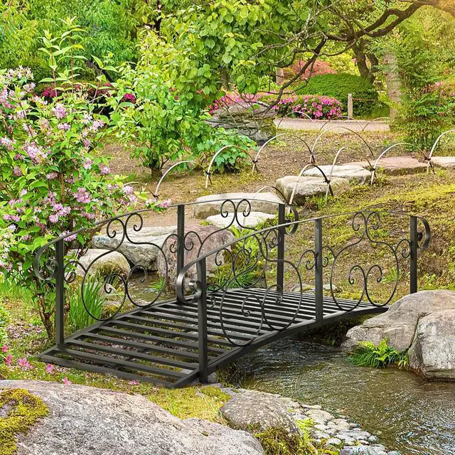 Alt view image 2 of 7 - 6' Metal Arch Backyard Garden Bridge, Safety Siderails, Black | Arc Footbridge, for Backyard Creek, Stream, Pond