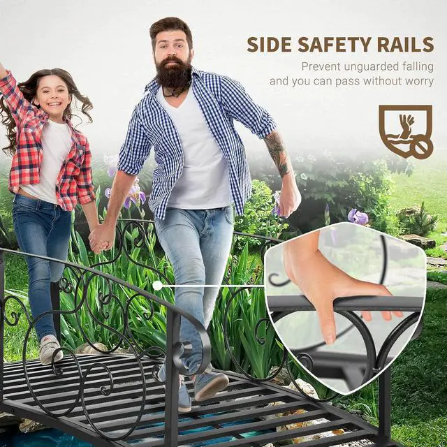 Alt view image 3 of 7 - 6' Metal Arch Backyard Garden Bridge, Safety Siderails, Black | Arc Footbridge, for Backyard Creek, Stream, Pond
