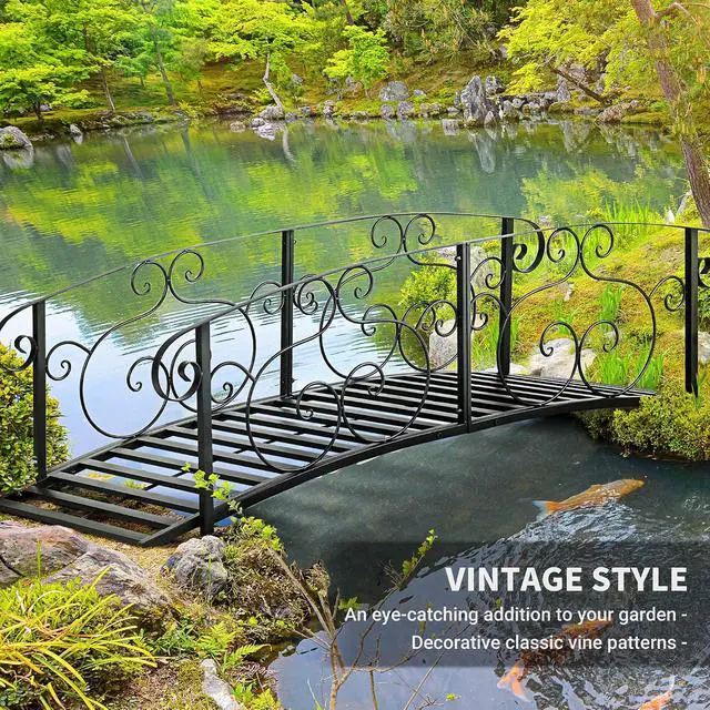 Alt view image 4 of 7 - 6' Metal Arch Backyard Garden Bridge, Safety Siderails, Black | Arc Footbridge, for Backyard Creek, Stream, Pond