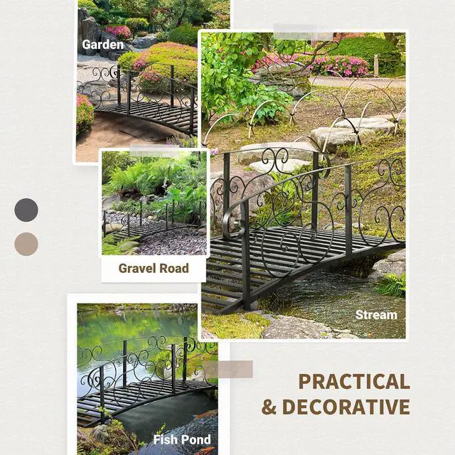 Alt view image 5 of 7 - 6' Metal Arch Backyard Garden Bridge, Safety Siderails, Black | Arc Footbridge, for Backyard Creek, Stream, Pond