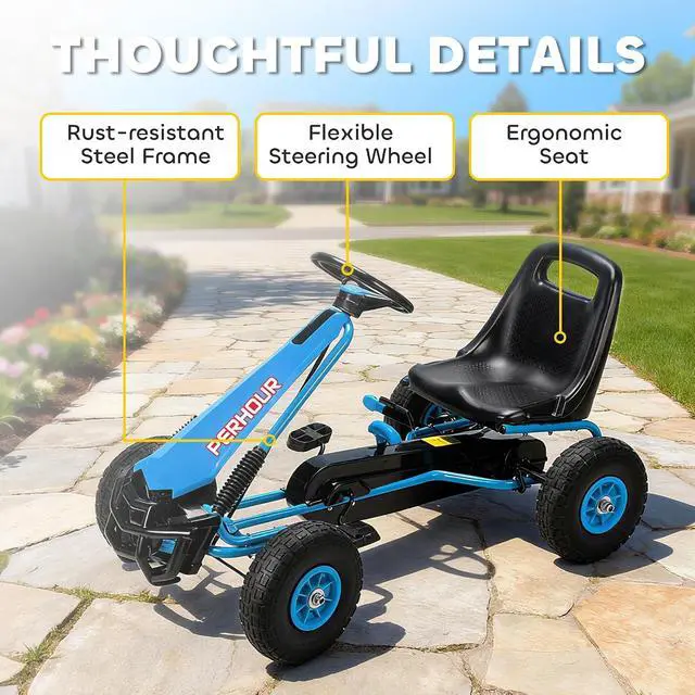 Alt view image 6 of 7 - Qaba Go Kart for Kids, 4 Wheel Pedal Go Cart with Adjustable Seat, Steering Wheel, EVA Wheels, Brake, Outdoor Racer Ride On Pedal Car for Boys & Girls Aged 3-8 Years Old, Blue