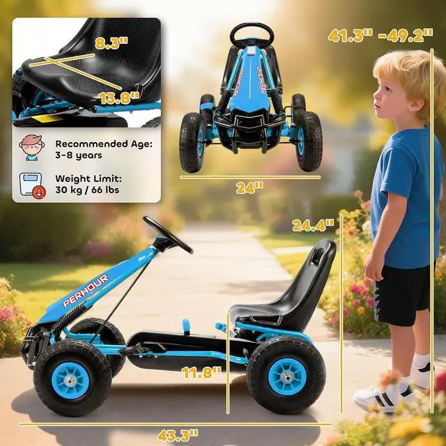 Alt view image 7 of 7 - Qaba Go Kart for Kids, 4 Wheel Pedal Go Cart with Adjustable Seat, Steering Wheel, EVA Wheels, Brake, Outdoor Racer Ride On Pedal Car for Boys & Girls Aged 3-8 Years Old, Blue