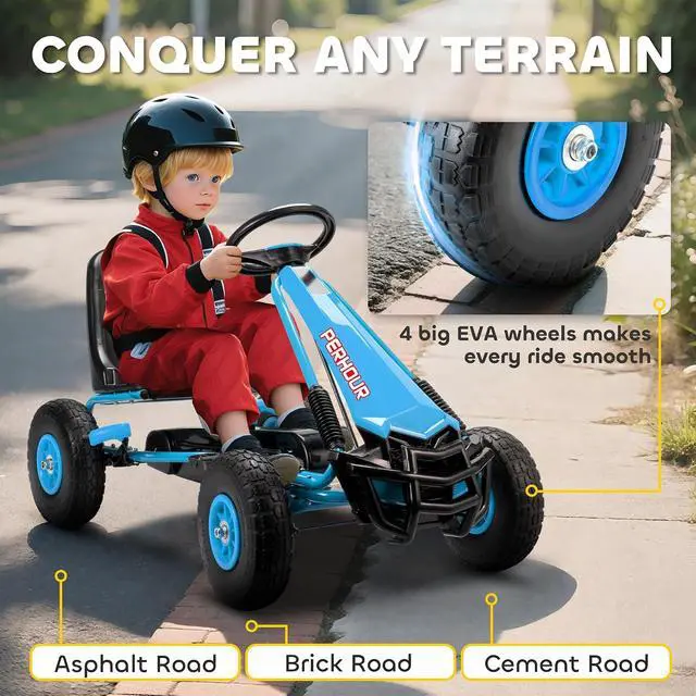Alt view image 5 of 7 - Qaba Go Kart for Kids, 4 Wheel Pedal Go Cart with Adjustable Seat, Steering Wheel, EVA Wheels, Brake, Outdoor Racer Ride On Pedal Car for Boys & Girls Aged 3-8 Years Old, Blue