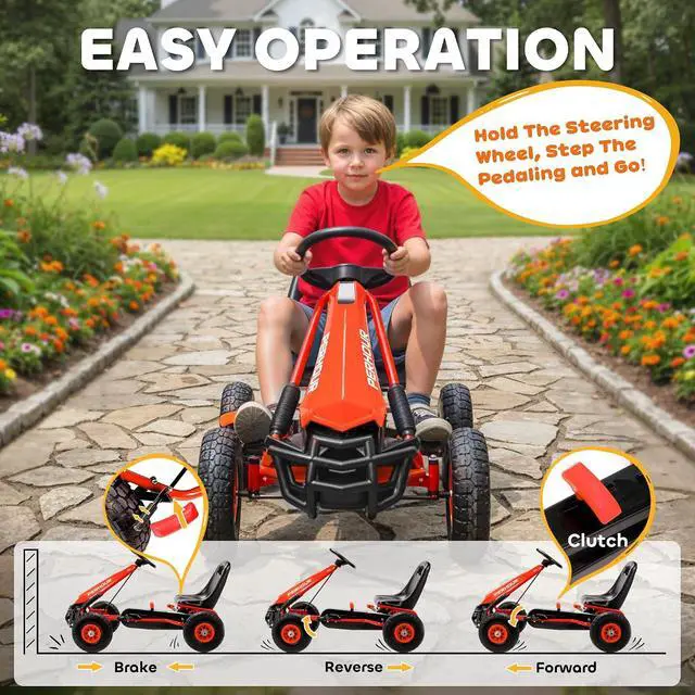 Alt view image 3 of 7 - Qaba Go Kart for Kids, 4 Wheel Pedal Go Cart with Adjustable Seat, Steering Wheel, EVA Wheels, Brake, Outdoor Racer Ride On Pedal Car for Boys & Girls Aged 3-8 Years Old, Red