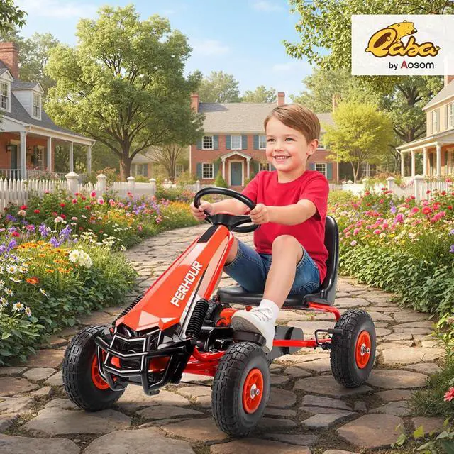 Alt view image 2 of 7 - Qaba Go Kart for Kids, 4 Wheel Pedal Go Cart with Adjustable Seat, Steering Wheel, EVA Wheels, Brake, Outdoor Racer Ride On Pedal Car for Boys & Girls Aged 3-8 Years Old, Red
